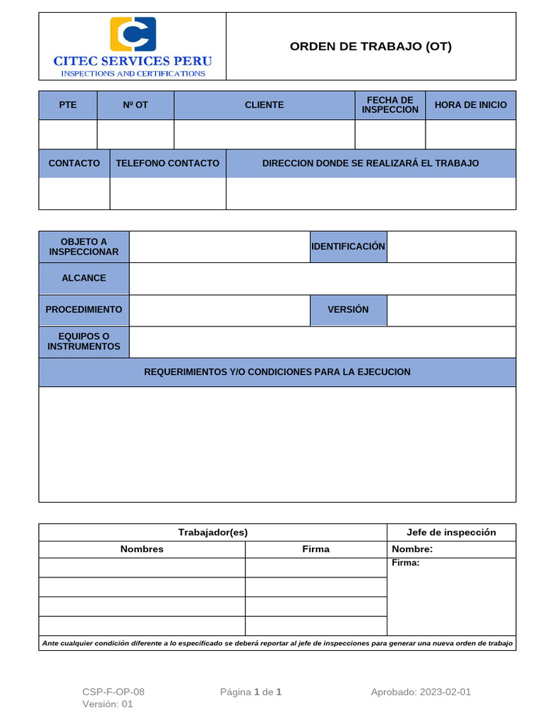 CSP-F-OP-08v01 Orden de Trabajo (OT) | PDF
