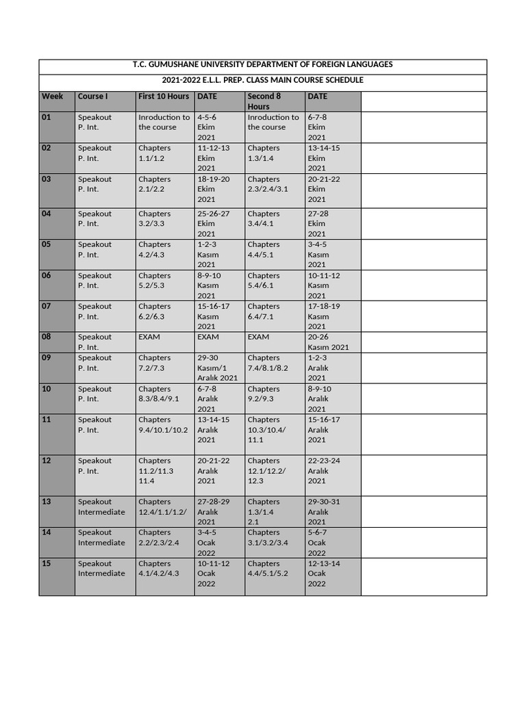 2021 2021 Ell Main Course Schedule | PDF | Length