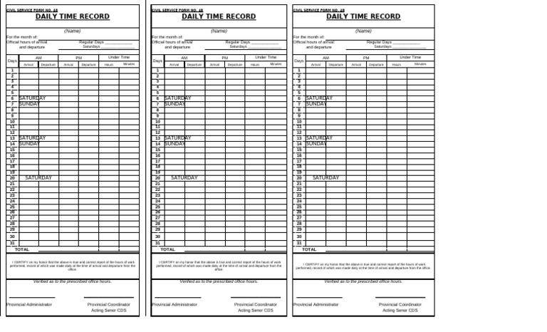 Civil Service Daily Time Record Form | PDF