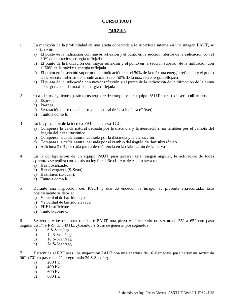 Quiz PAUT: Medición y Parámetros Clave | PDF | Reflexión (Física ...