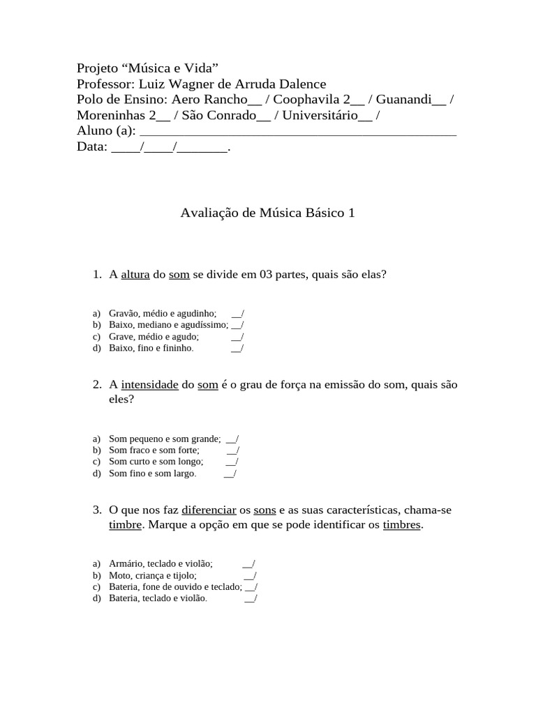 Avaliação de Música Básico 1 | PDF | Elementos da música | Notação musical