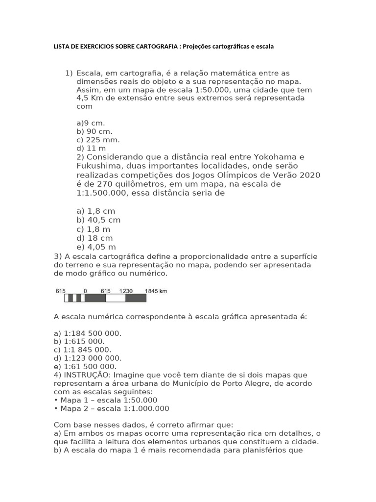 Exercícios de Cartografia: Escalas e Projeções | PDF | Latitude | Mapa