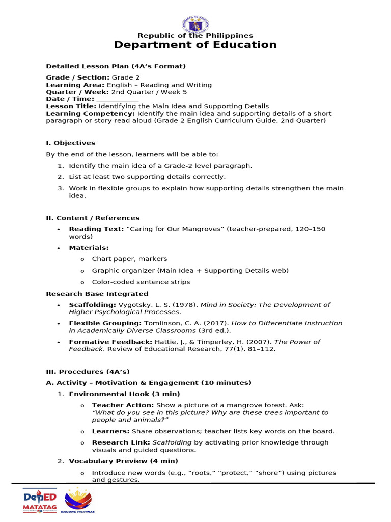 Grade 2 Lesson Plan: Main Idea Focus | PDF | Learning | Cognition