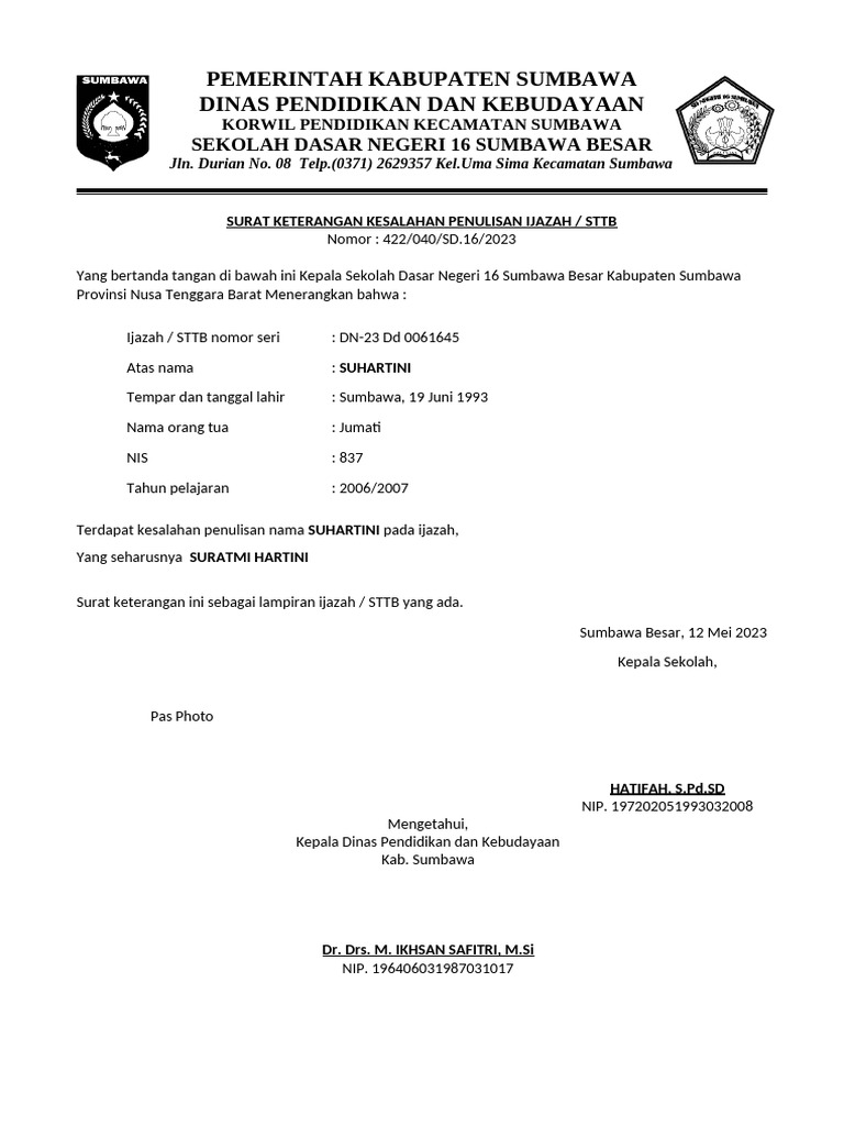 Kesalahan Penulisan Ijazah SD 16 Sumbawa | PDF
