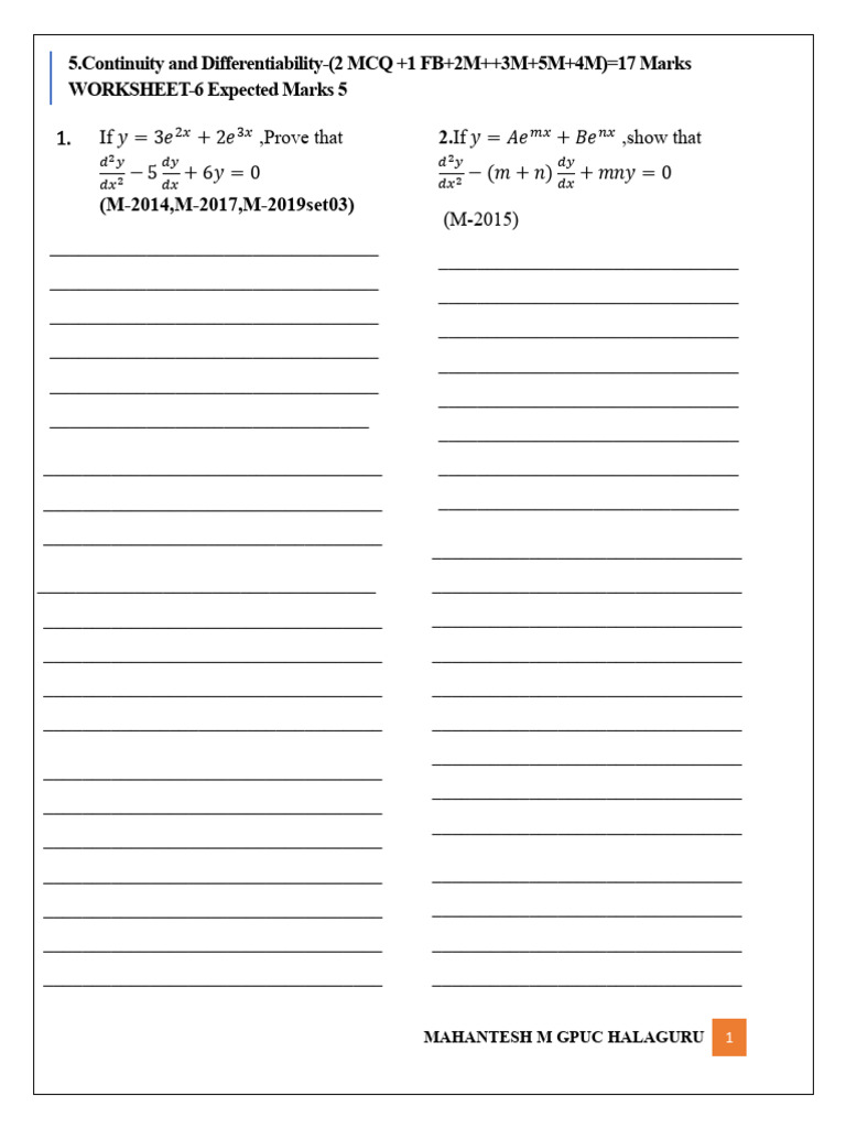 5.continuity and Differentiability - 5 Mark Questions WORKSHEET 6 | PDF ...
