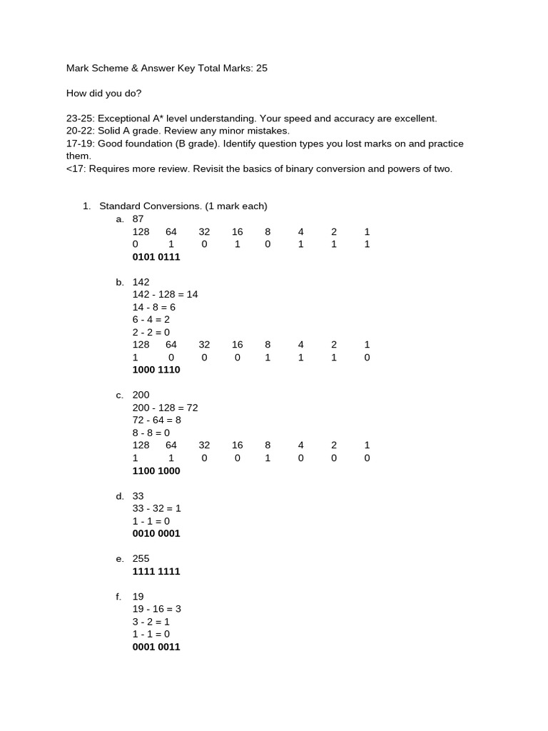 1.1 Binary and Denary Conversions Worksheet 1 - Mark Scheme | PDF