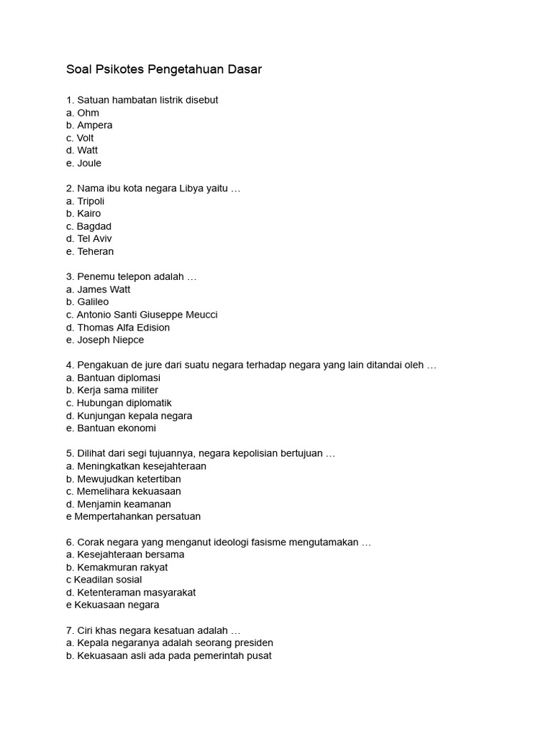 Soal Psikotes Pengetahuan Dasar dan Matematika | PDF