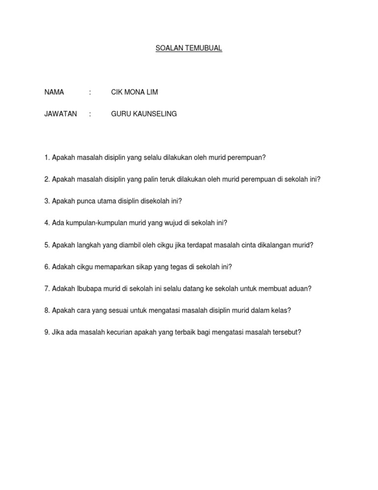 Soalan Temubual Dengan Guru Kaunseling