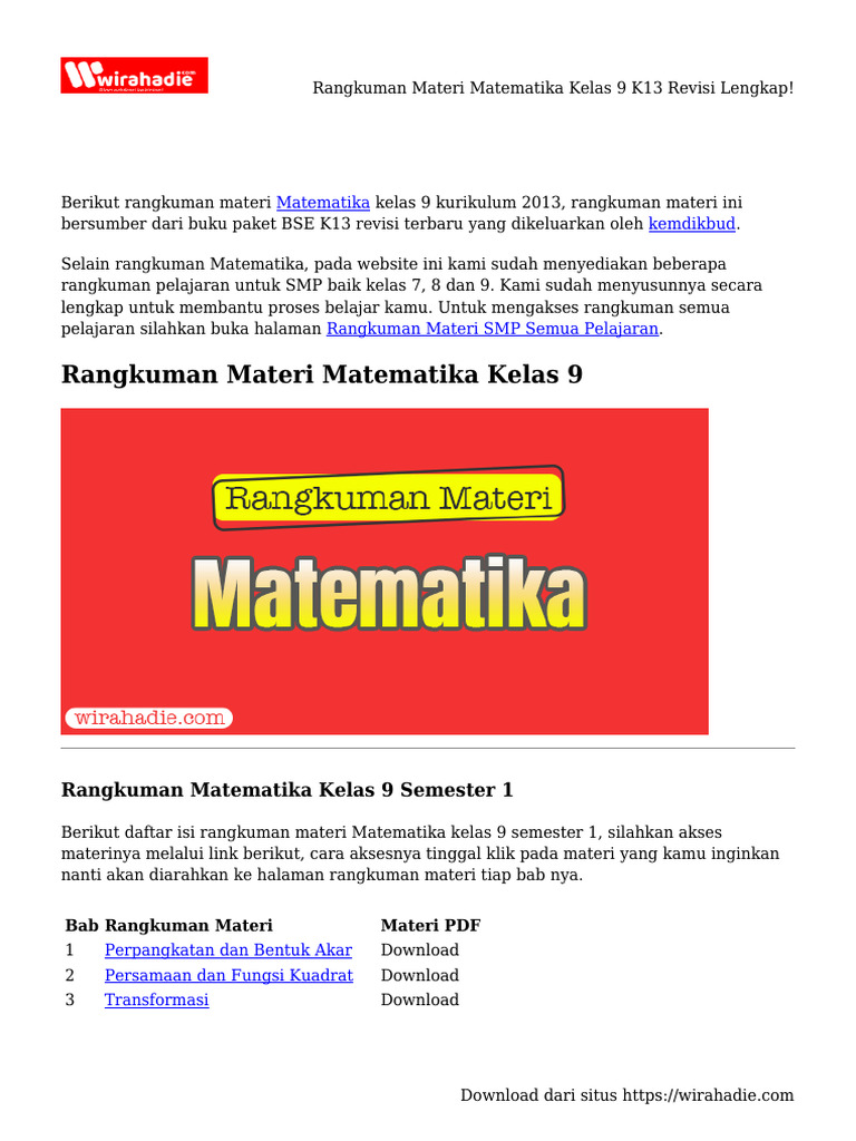 Rangkuman Matematika Kelas 9 K13 Revisi | PDF