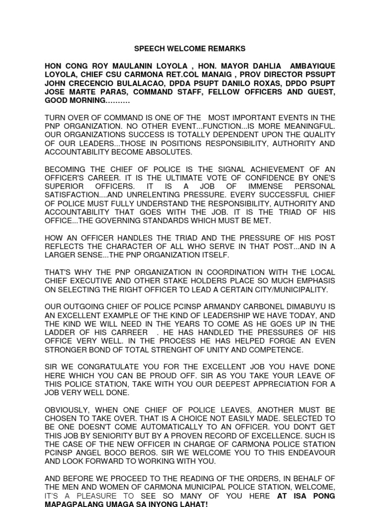 Speech Welcome Remarks Government Politics