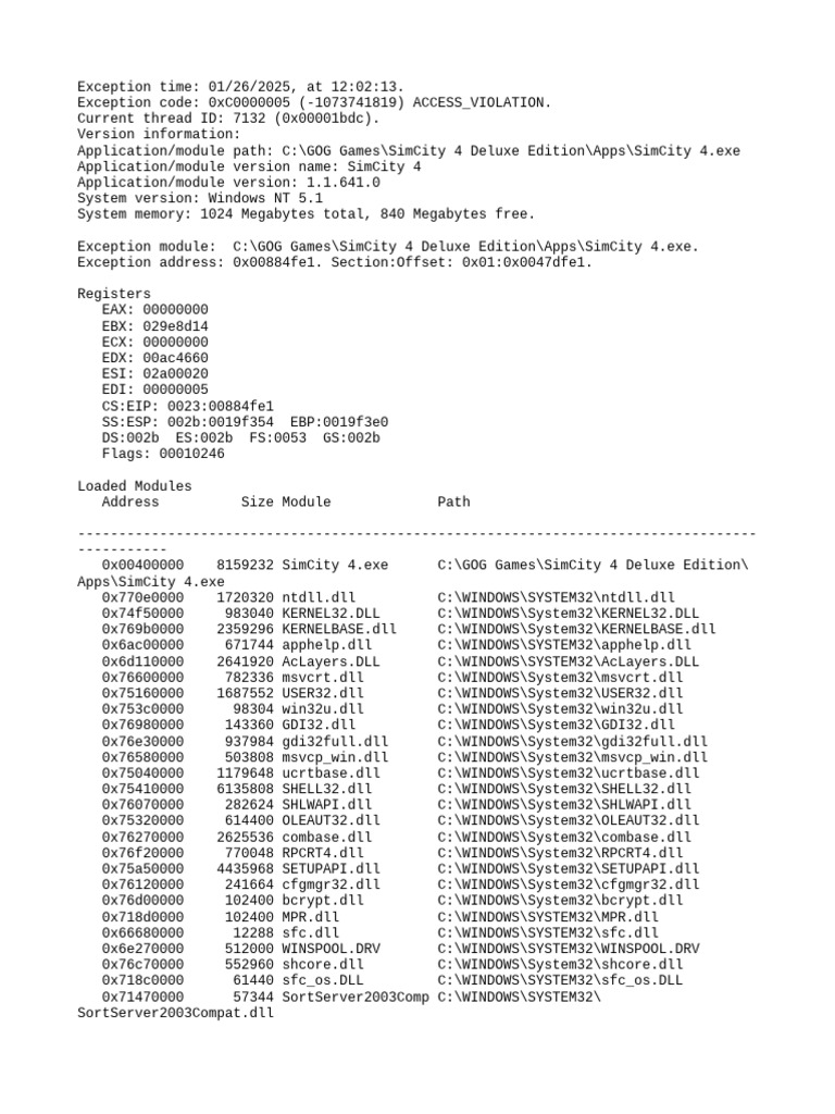 SimCity 4 Access Violation Error Log | PDF | Operating System Families ...