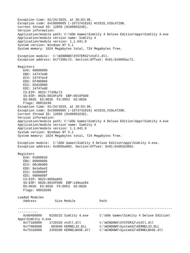 SimCity Exception Report 2025.01.24 20.03.37 | PDF | Computer ...
