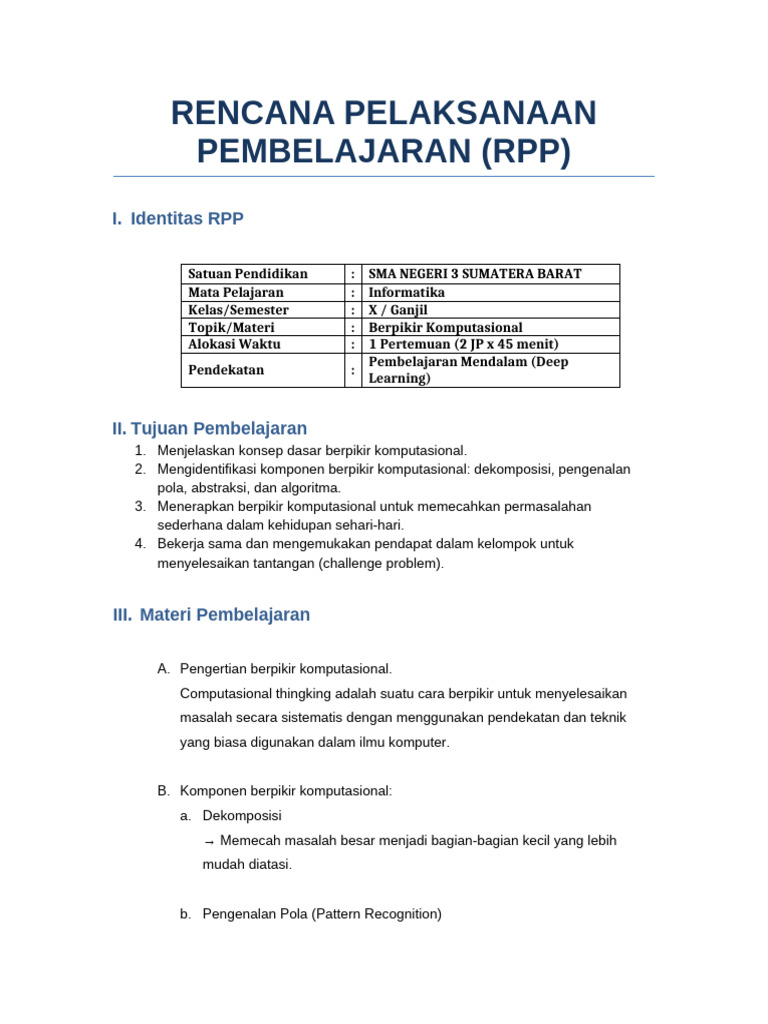 RPP Deep Learning Kelas 10 Informatika | PDF