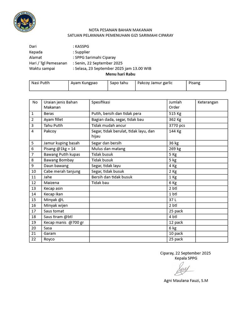 Nota Pemesanan Bahan Makanan SPPG | PDF