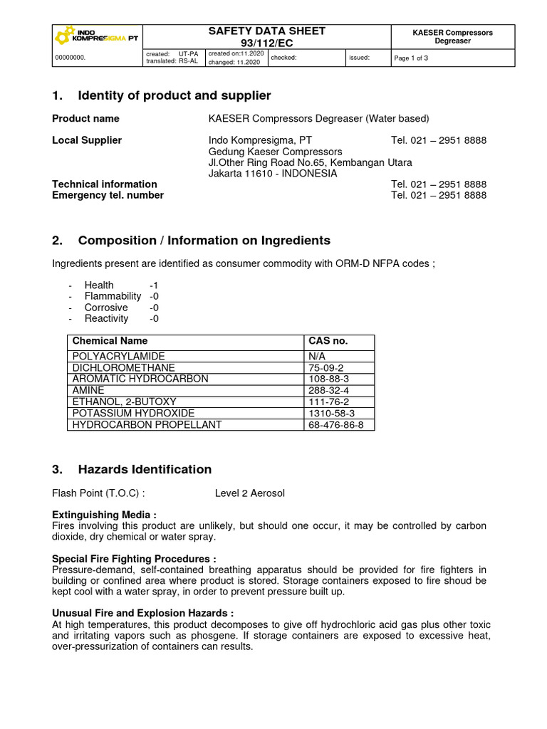 KAESER Compressors Degreaser SDS | PDF | Water | Personal Protective ...