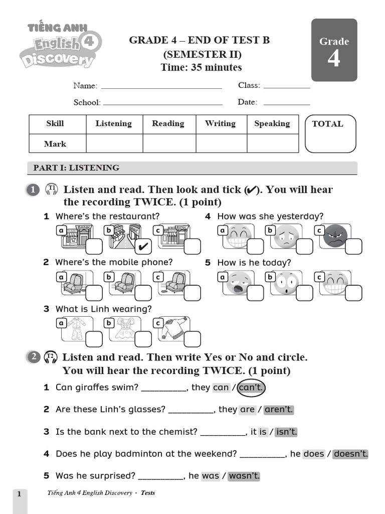 Grade 4 Listening and Reading Test | PDF
