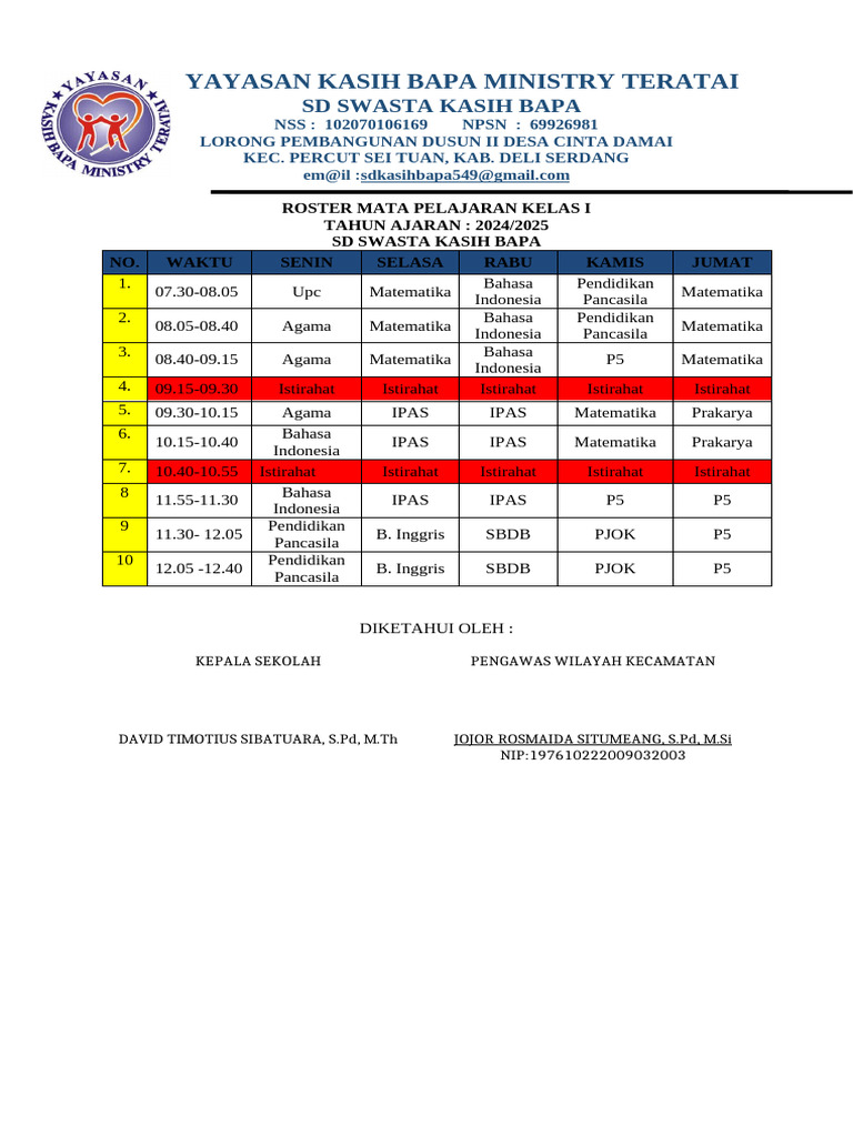 Roster Pelajaran Kelas I SD Kasih Bapa | PDF