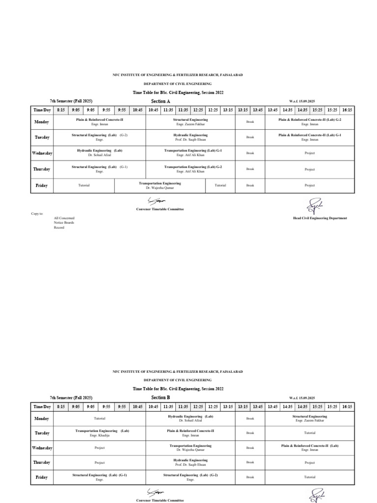 BSc Civil Engineering 7th Semester Timetable | PDF