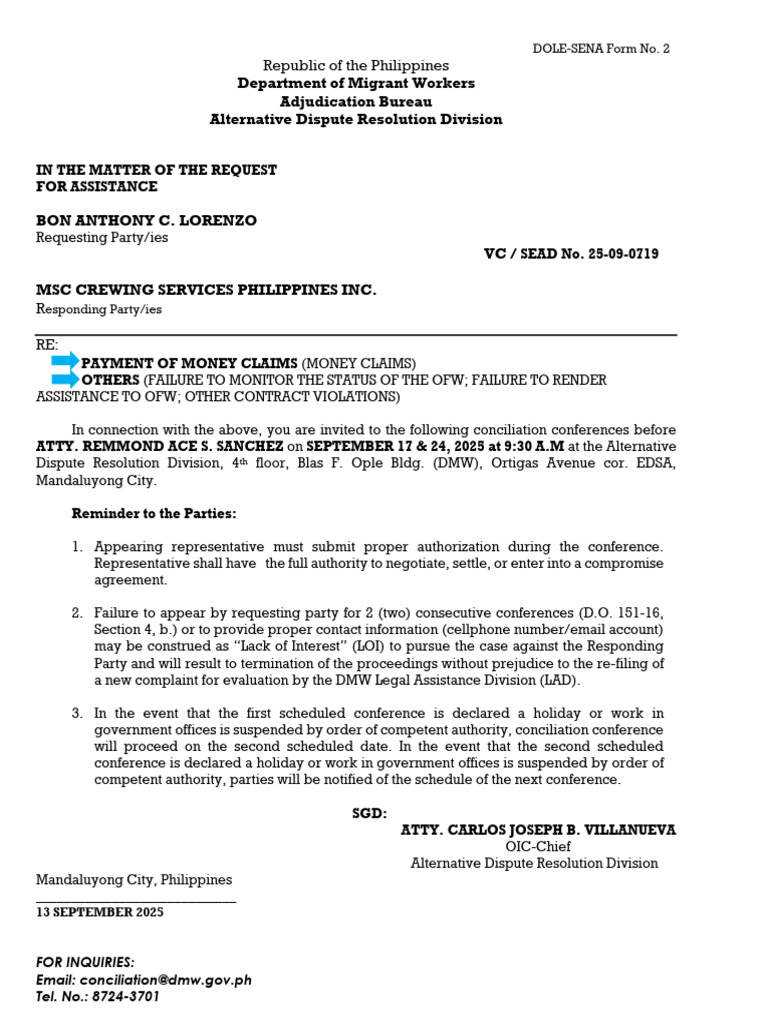 Conciliation Conference Notice for Money Claims | PDF