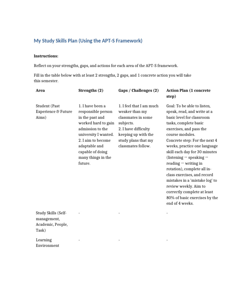APT-S Framework Study Skills Plan | PDF | Study Skills | Learning