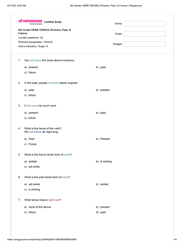 Verb Tenses Worksheet for 9th Grade | PDF | Grammatical Tense | Verb