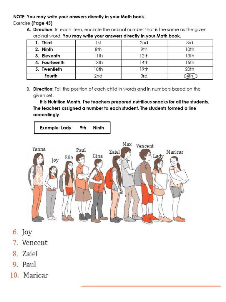 Ordinal Numbers Exercise Worksheet | PDF