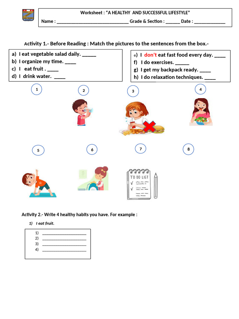 Healthy Lifestyle Worksheet Activities | PDF