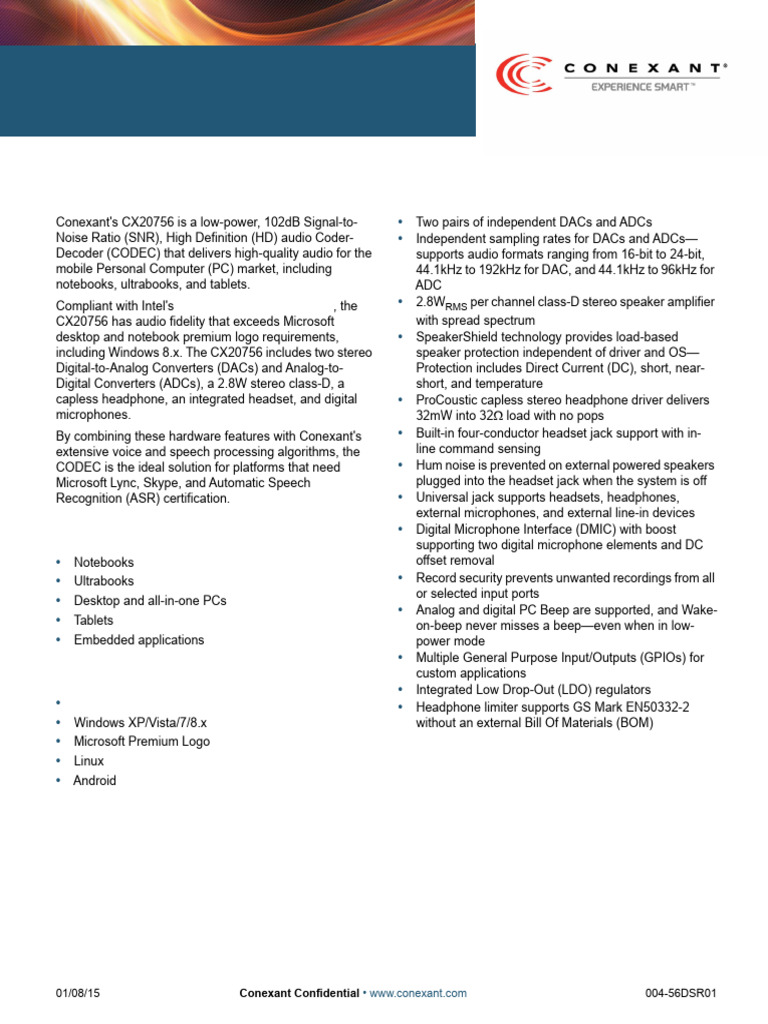 Conexant CX20756 HD Audio CODEC Data Sheet | PDF | Headphones | Analog ...