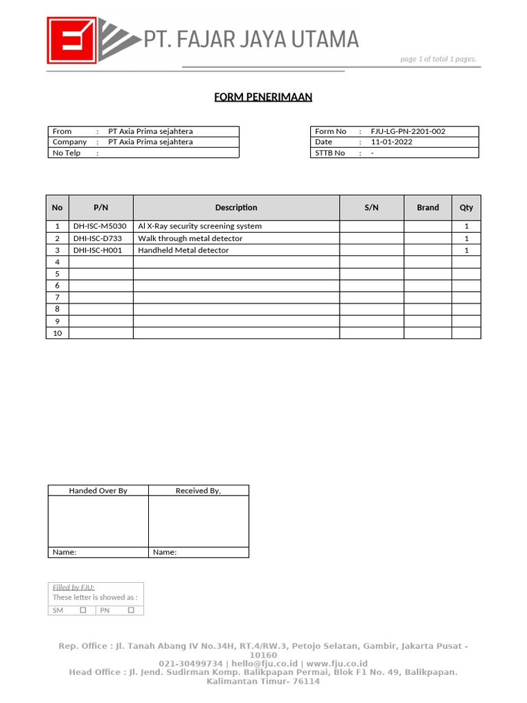 Equipment Acceptance Form - PT Axia Prima | PDF
