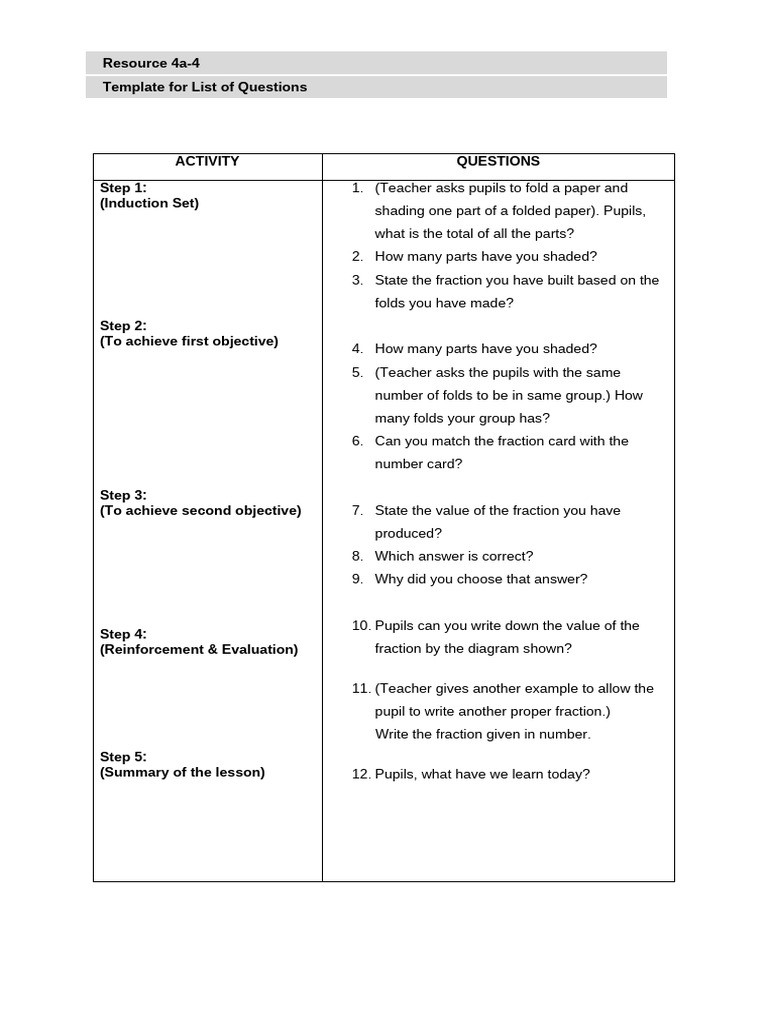 Fraction Lesson Question Template | PDF