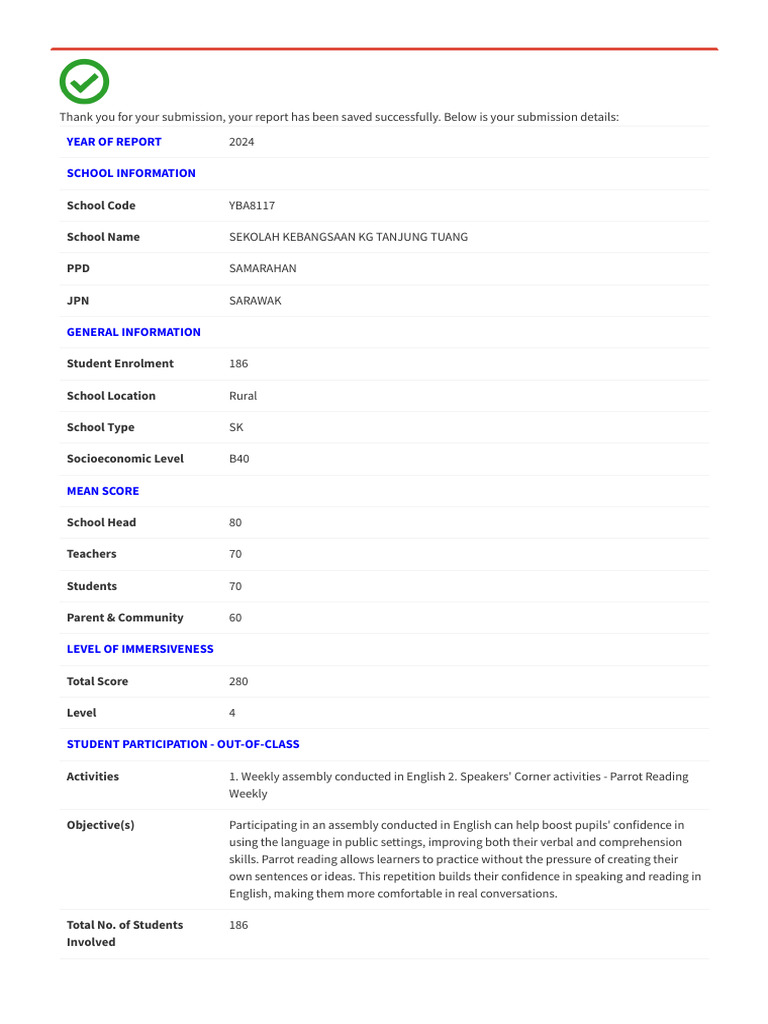 2024 School Report for SEKOLAH KEBANGSAAN | PDF | Learning | Cognition