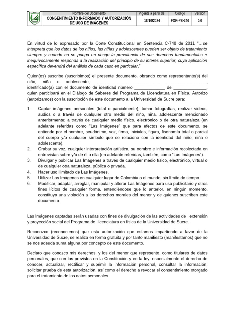 FOR-PS-246 - Consentimiento Informado Uso Imã¡genes | PDF | Justicia ...