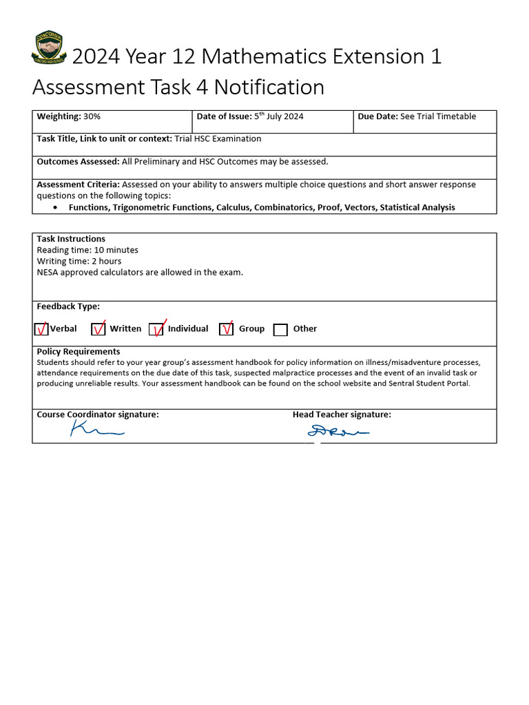 2024 Year 12 Math Extension 1 Exam Guide | PDF | Mathematics | Knowledge