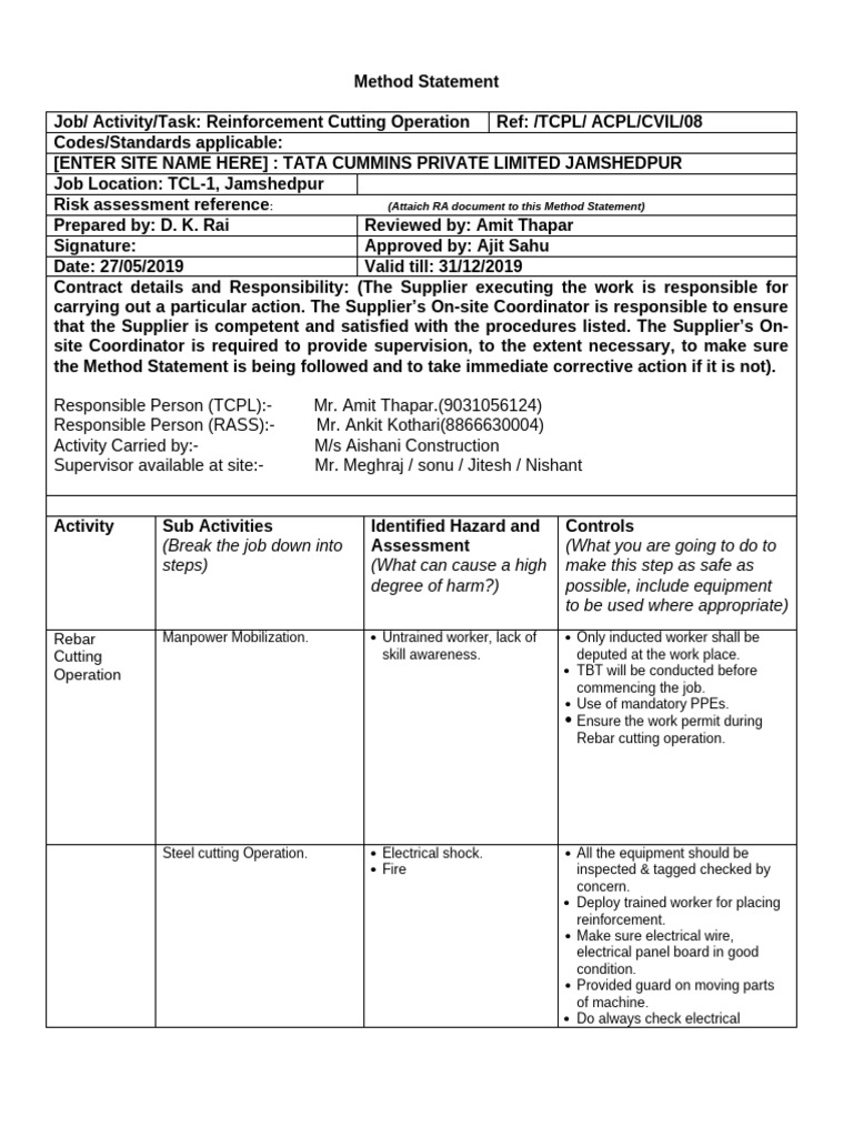Reinforcement Cutting Operation MS | PDF | Risk | First Aid