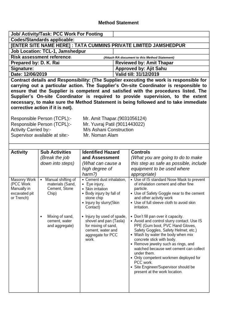 PCC Work Method Statement for Jamshedpur | PDF | Concrete | Risk