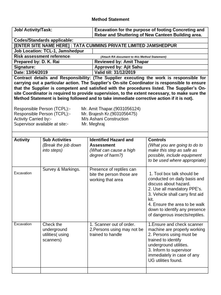 Excavation Method Statement for Canteen Building | PDF | Personal ...
