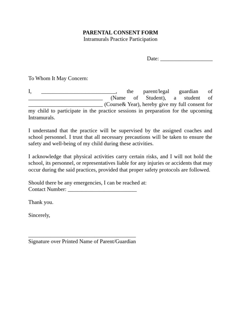 Parental Consent for Intramurals Practice | PDF