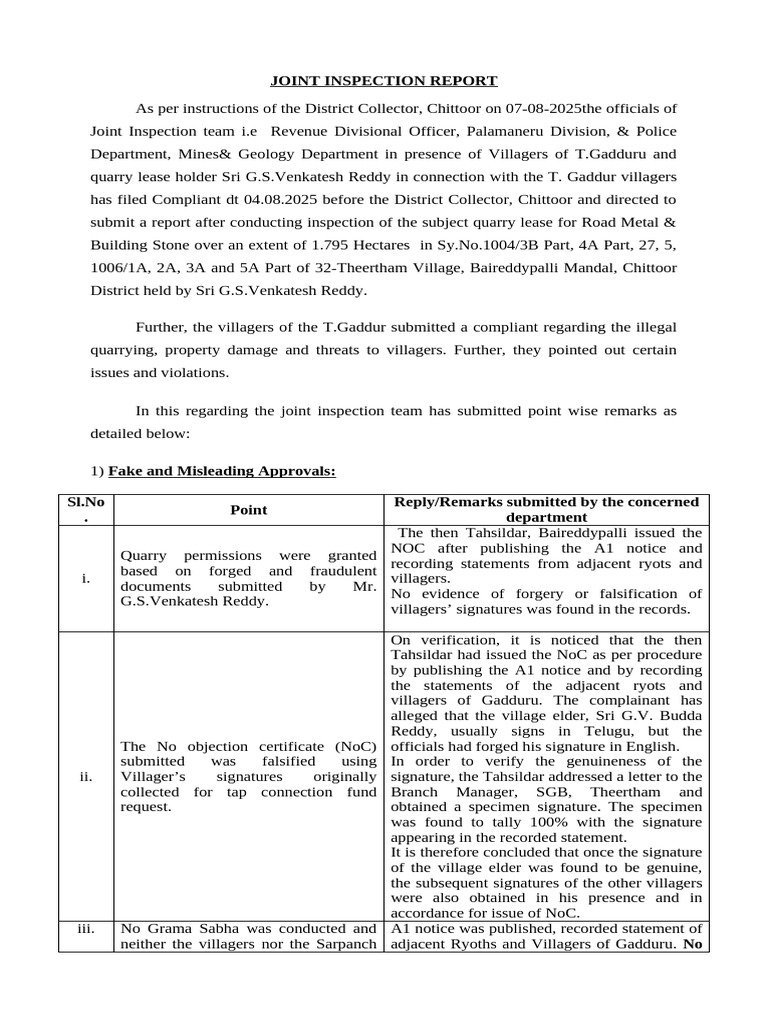 T.gaddur Quarry Joint Inspection Report 07-08-2025 | PDF