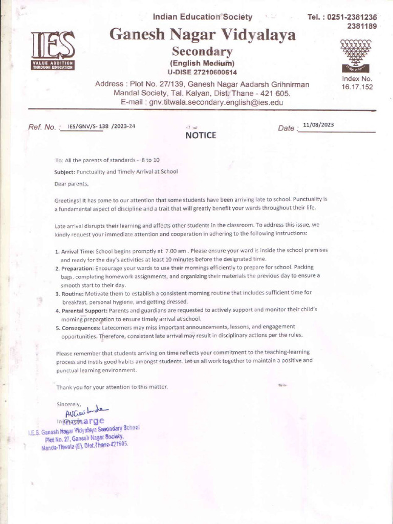 Sec 11082023 Punctuality Letter | PDF
