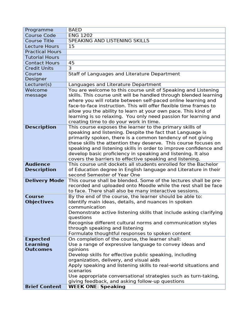 Speaking and Listening Skills Course Outline - 025230 | PDF | Learning ...