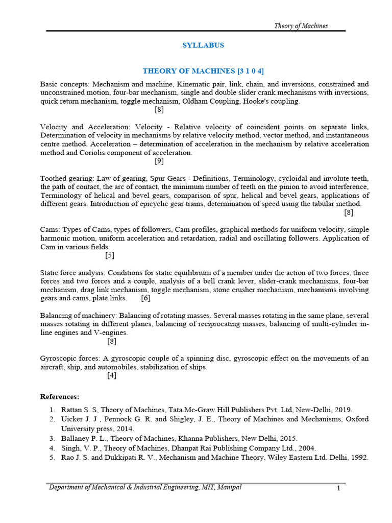 Theory of Machines Syllabus Overview | PDF | Axle | Gear