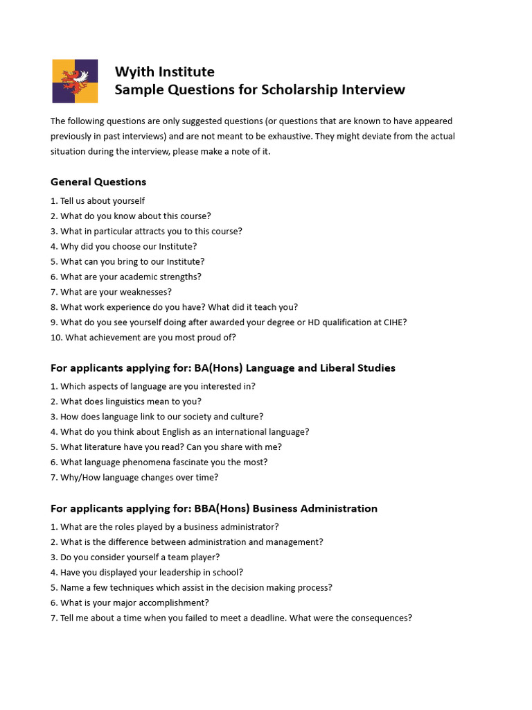 Wyith-CIHE Scholar Interview Sample Questions | PDF
