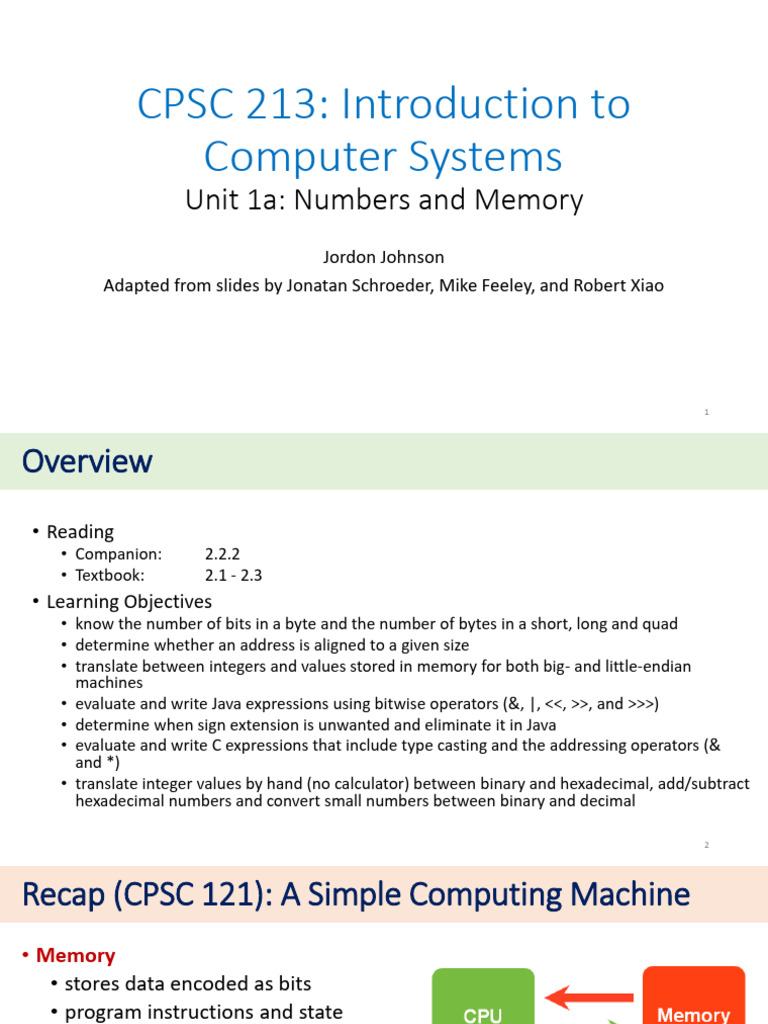 CPSC 213: Numbers and Memory Basics | PDF | Integer (Computer Science ...