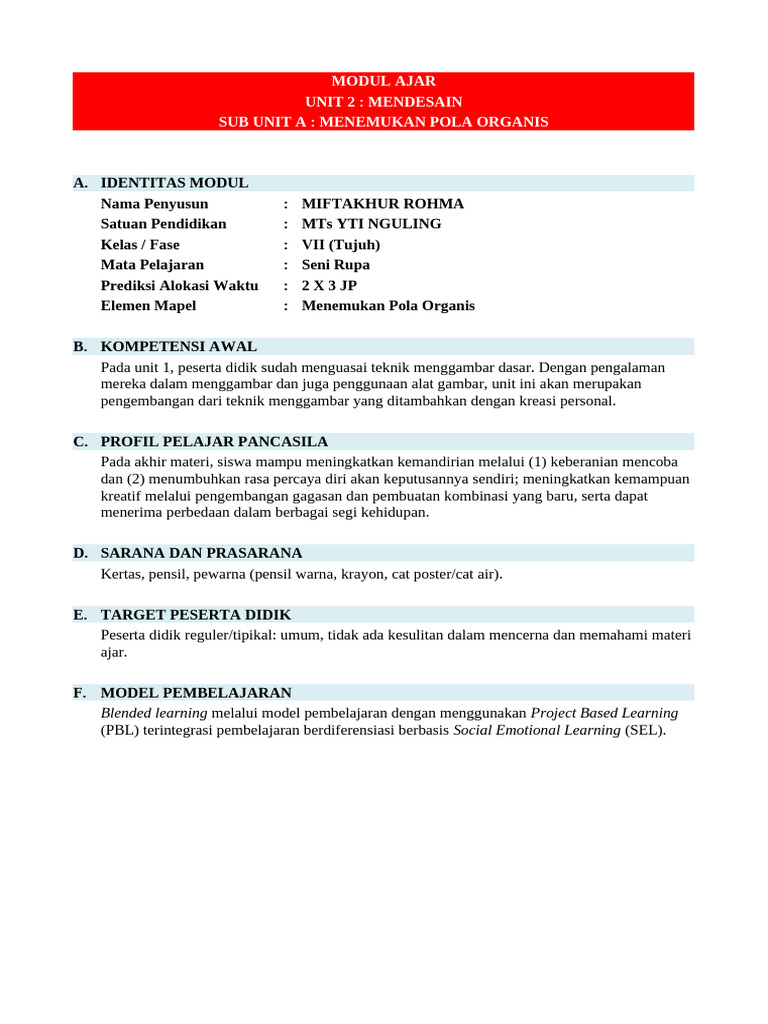 RPP 7 Seni Rupa - Unit 2 - Sub Unit A | PDF
