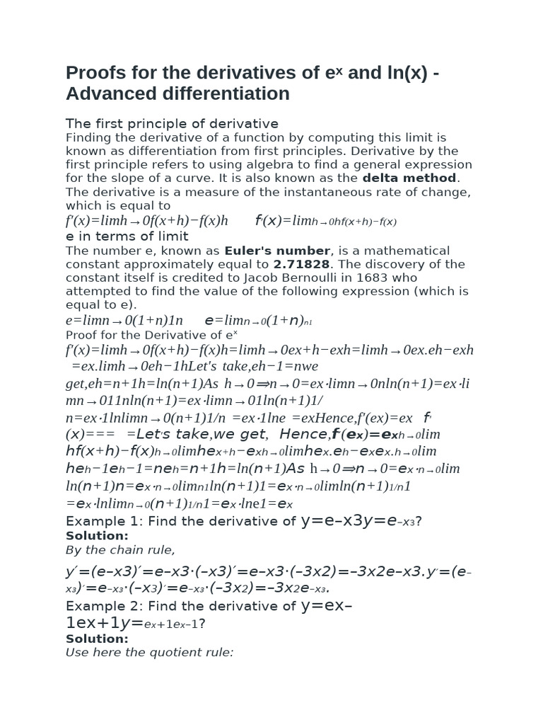 Proofs For The Derivatives of E and LN | PDF | Derivative ...