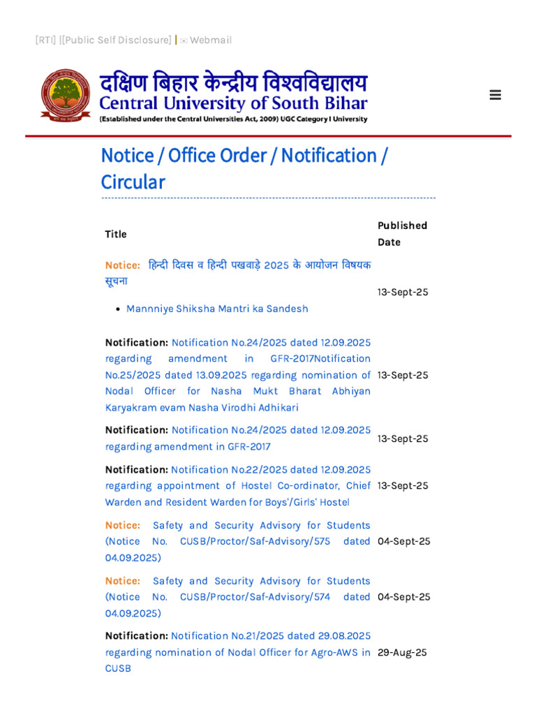 CUSB Notifications and Circulars 2025 | PDF | Government Of India