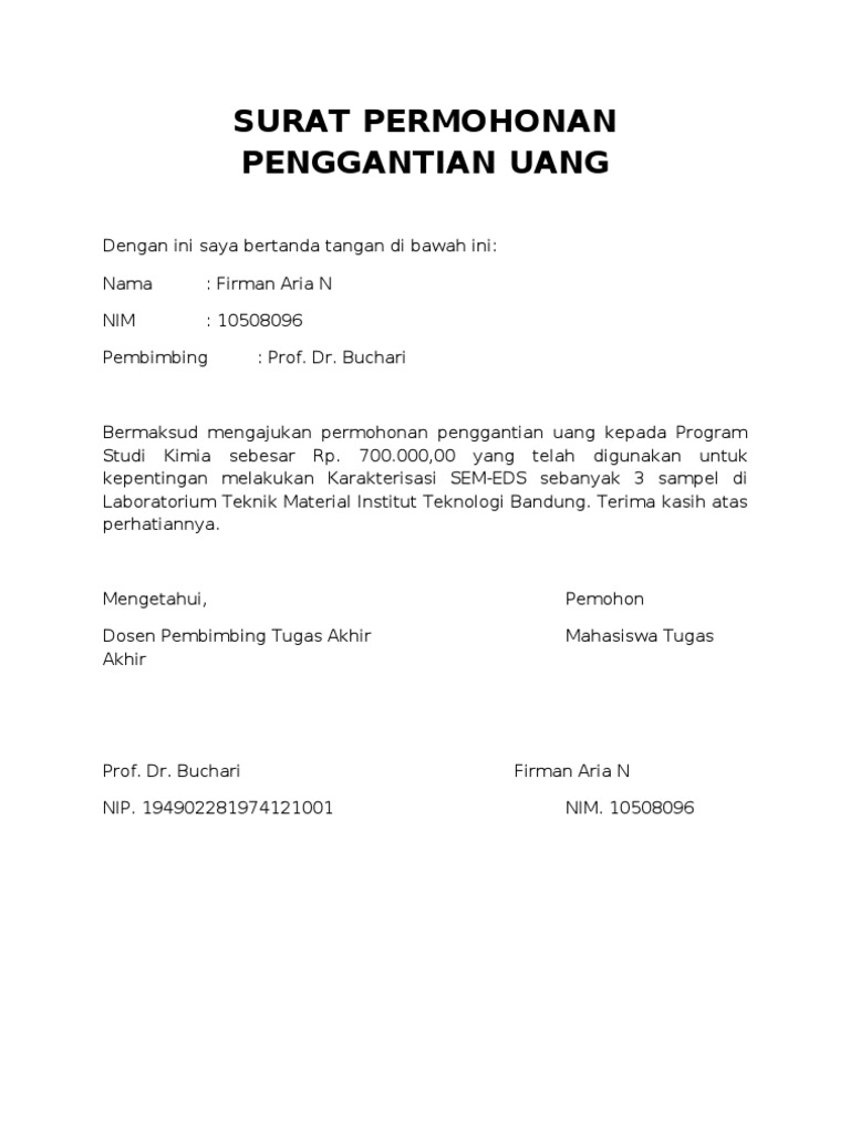 Surat An Penggantian Uang Sem
