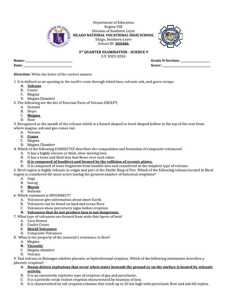 Science 9 3rd Quarter Exam Guide | PDF | Volcano | Lava