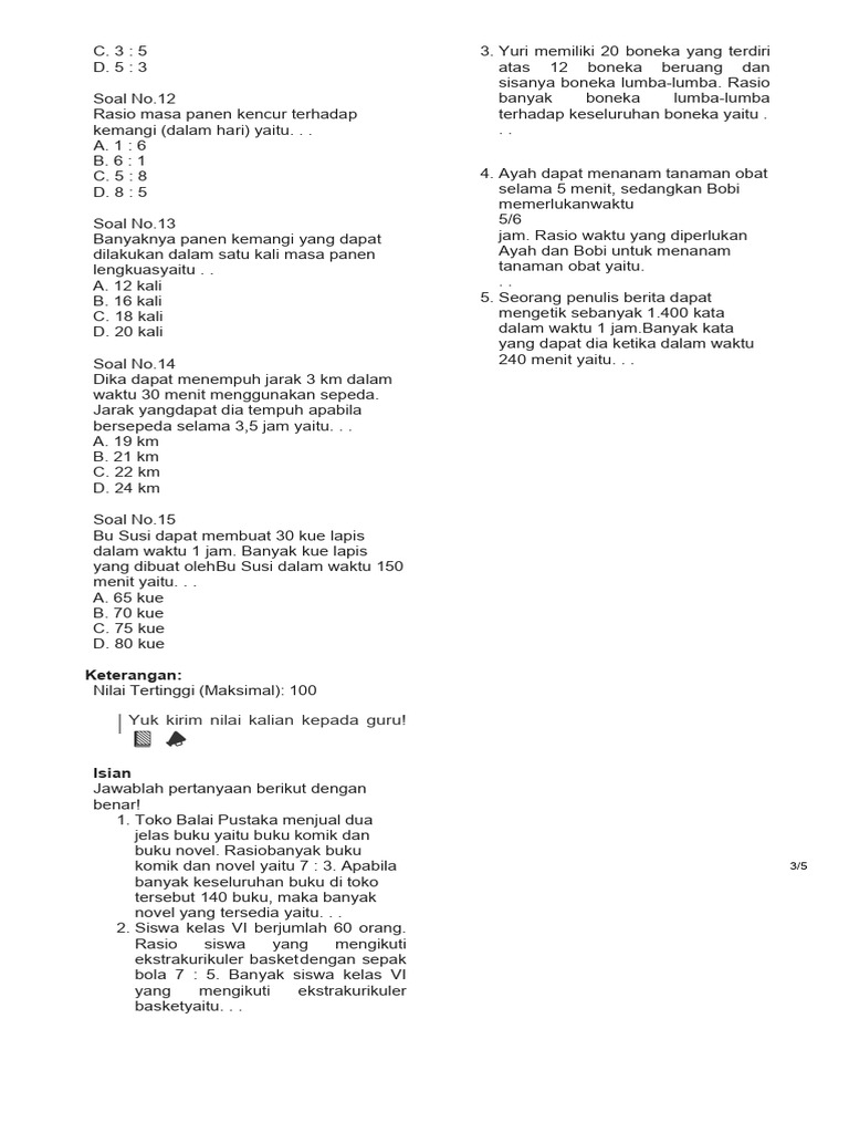 Rasio dan Perhitungan dalam Soal Matematika | PDF