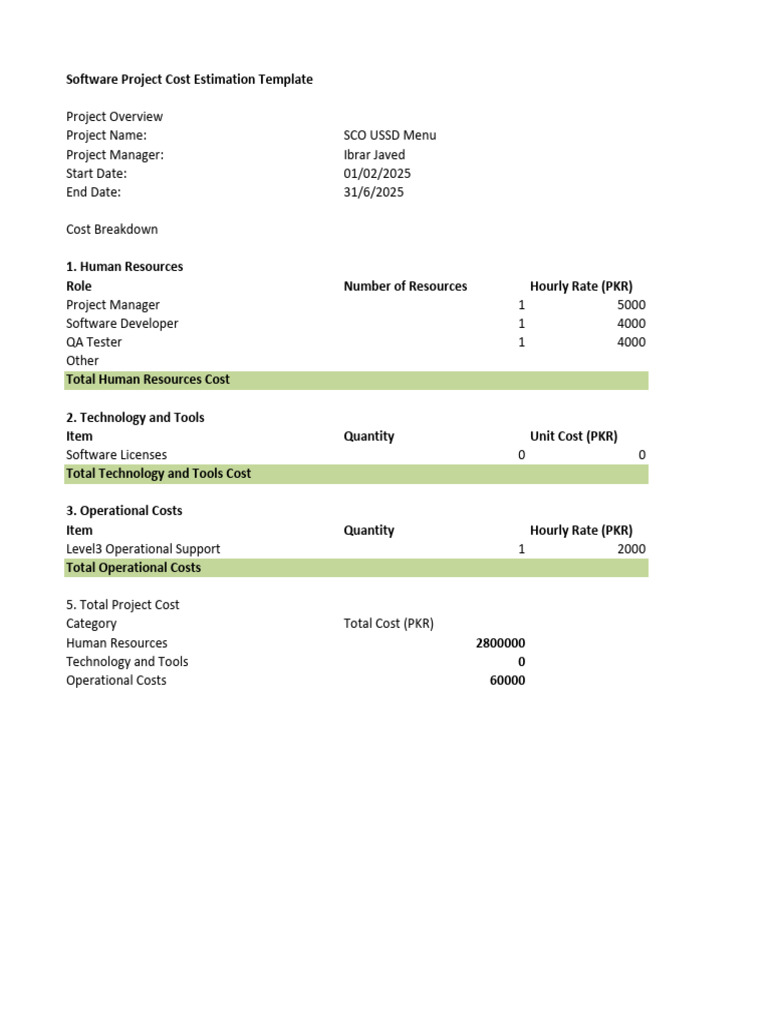 Project Cost Estimation Template | PDF